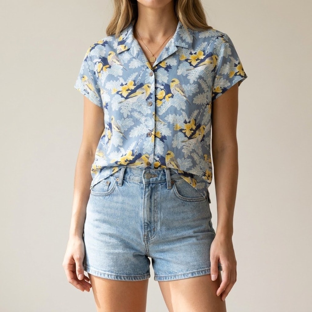 Patagonia Pataloha Womens Blue Bird Floral Tencel Hawaiian Shirt 52591 Size 6